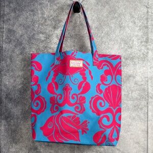 Lilly Pulitzer Estee Lauder Pink And‎ Blue Canvas Tote Bag Beach Ocean Sea Theme